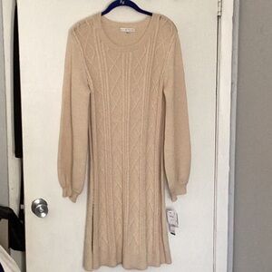 Sandra Darren Cream Long Sleeve Textured Sweater Dress